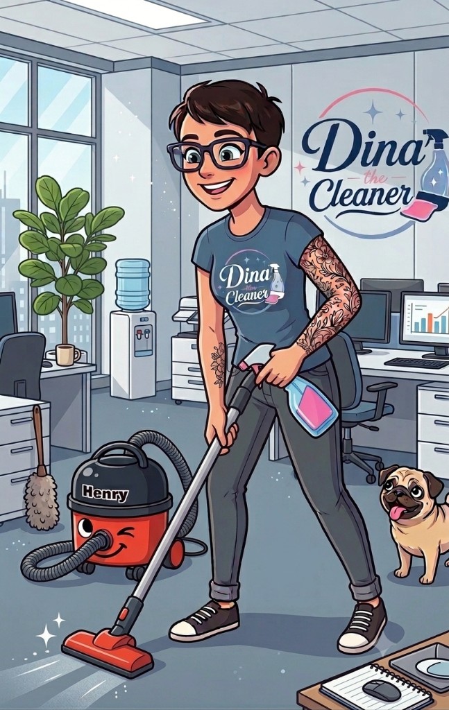 Dina vacuuming a tidy modern office